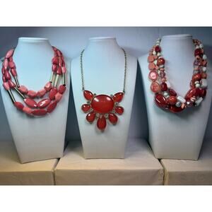 3 fire red orange pink statement bib flower floral bling enamel necklaces bundle